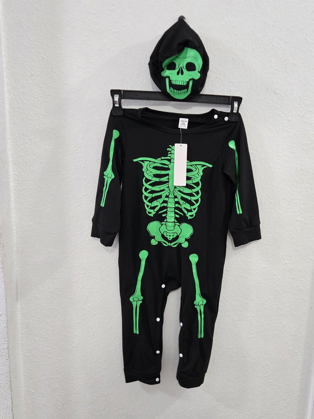 SHEIN Black & Green Glow Skeleton Romper with Skull Hood